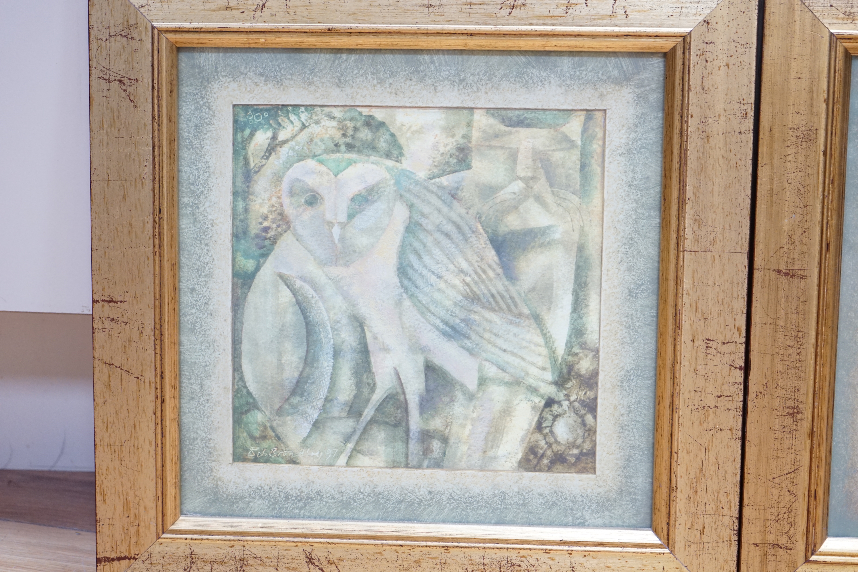 Bob Broadley (b.1939) pair of mixed medias, 'If cats could fly' and 'The owl and the pussy cat', each signed and dated '97, inscribed gallery labels verso, each 20 x 20cm